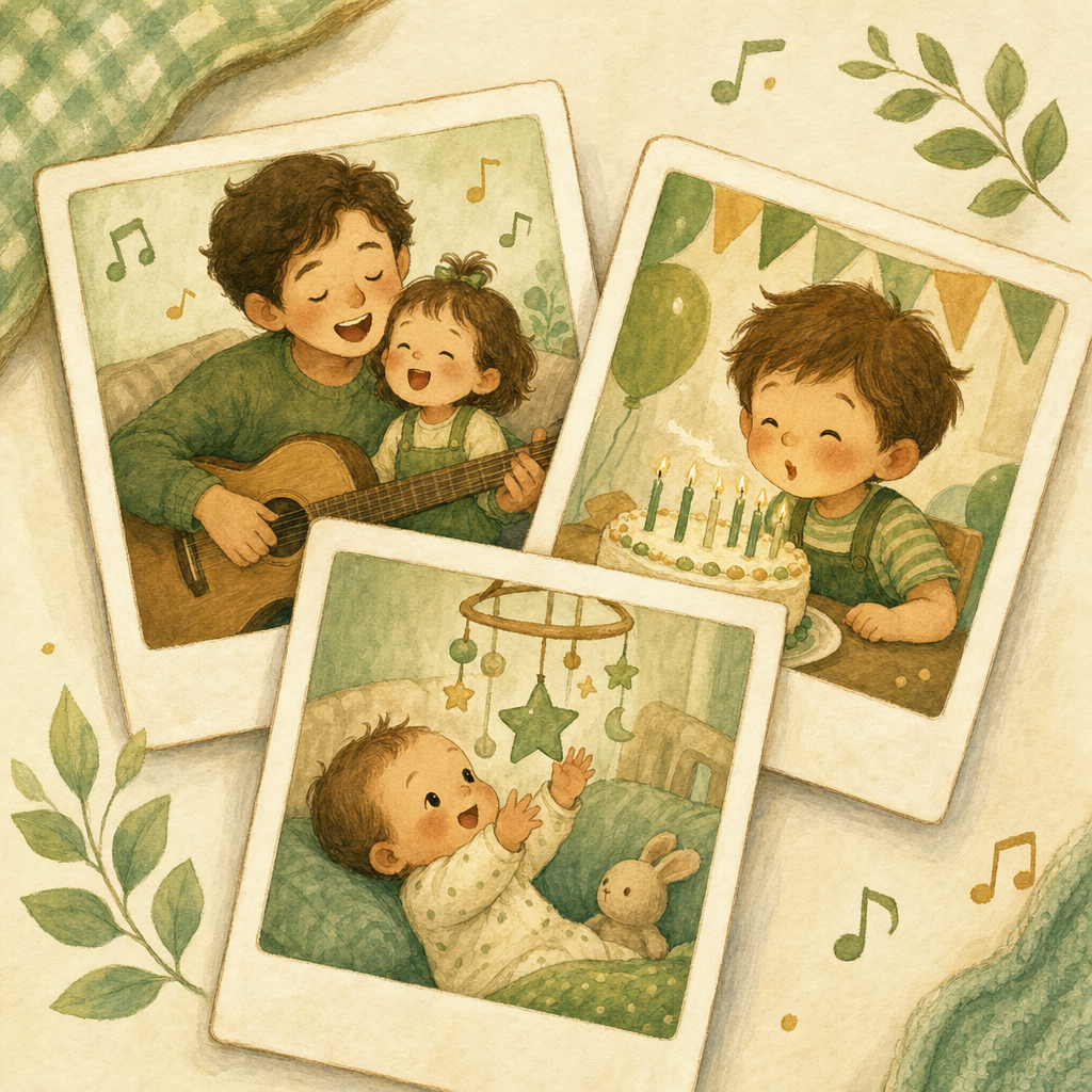 A stack of polaroid memories — a parent and child singing, a child at a birthday, a baby reaching for a star mobile