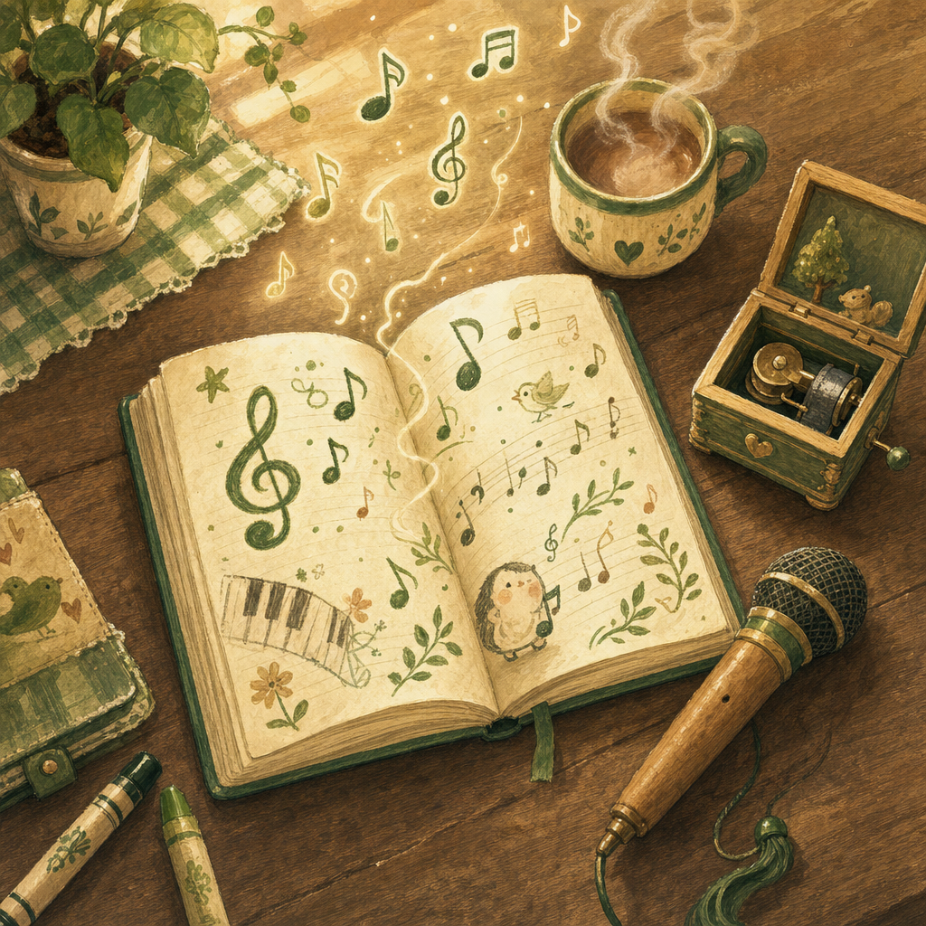 An open notebook of song lyrics, a little microphone, a music box, and a teacup on a wooden table